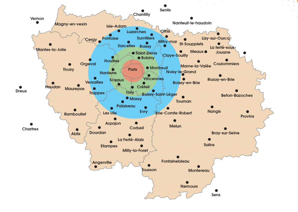 Carte de zones geographques Np Transports - Société de transports de marchandises par camion T5 plateau dans l'oise, l'ile de France et la France